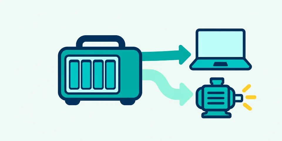 A power station with stored battery cells sends a steady power arrow to a laptop and a wider arrow to a motor.
