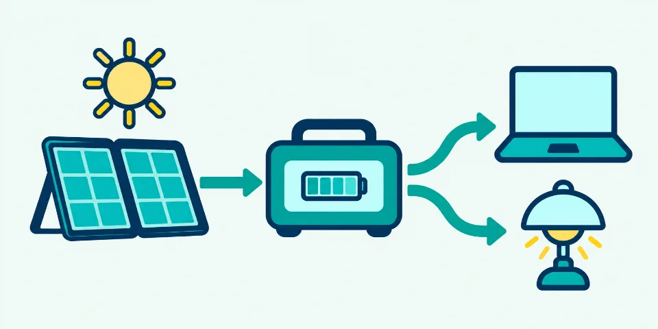 A solar panel charges a portable power station that supplies a laptop and lamp.
