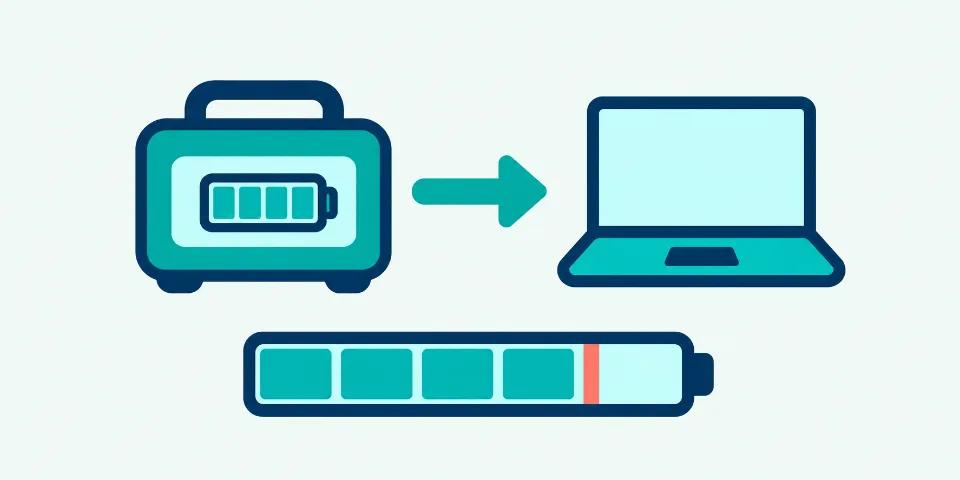 A power station supplies a laptop above a battery bar that stops before its reserved segment.