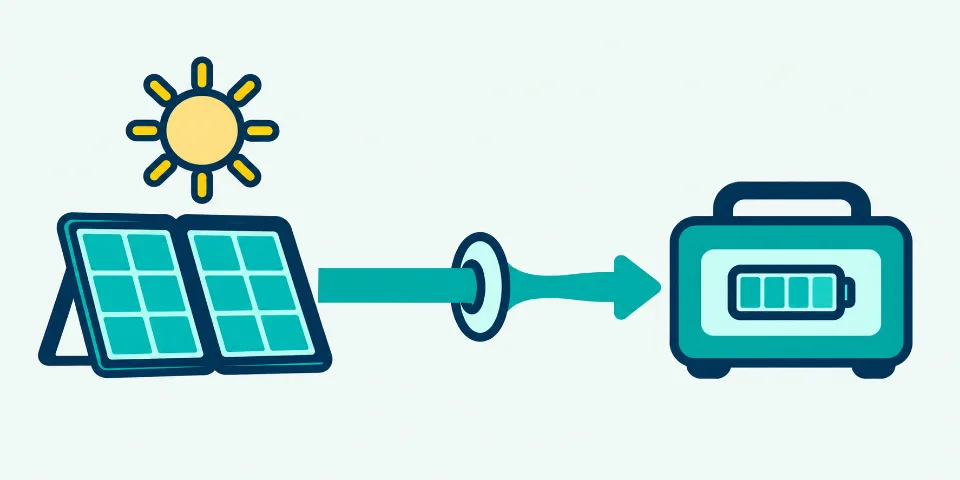 Sunlight reaches a solar panel and its charging flow narrows through an input limit before reaching a power station.